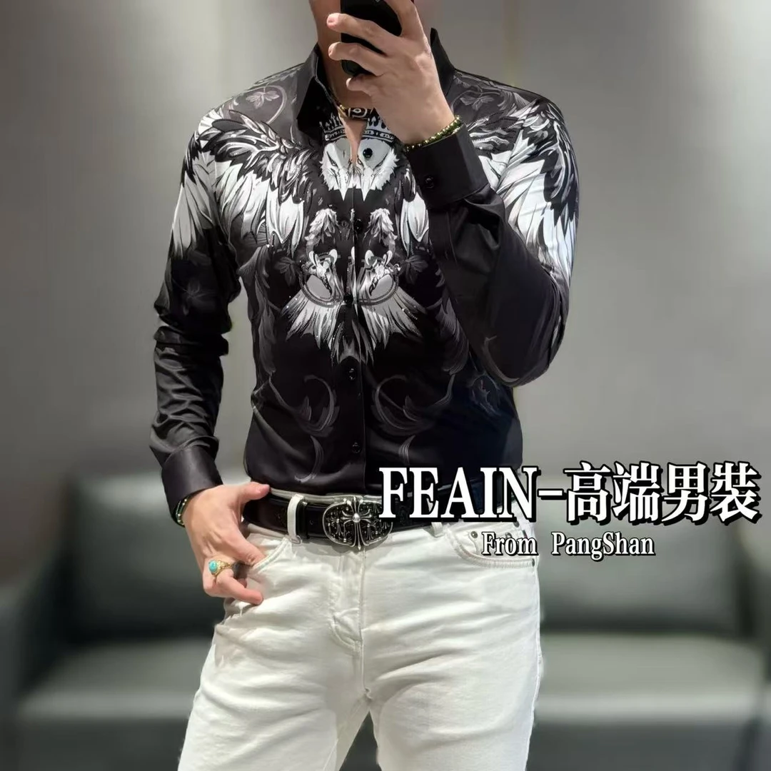 高端男士弹力莱卡大老鹰印花羽毛奥钻点缀长袖衬衫2566