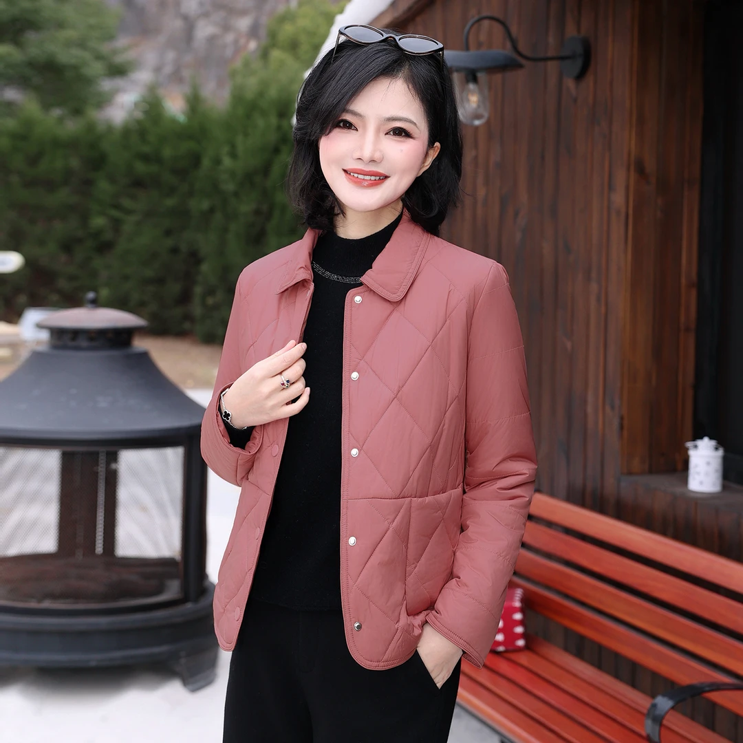 枫竺阿楠anan粉色翻领菱形格绗缝轻薄棉衣棉服女秋冬通勤百搭外套