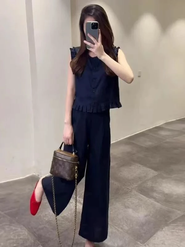 韩系2025夏季圆领花边拼接无袖上衣+休闲阔腿裤两件套时尚套装女