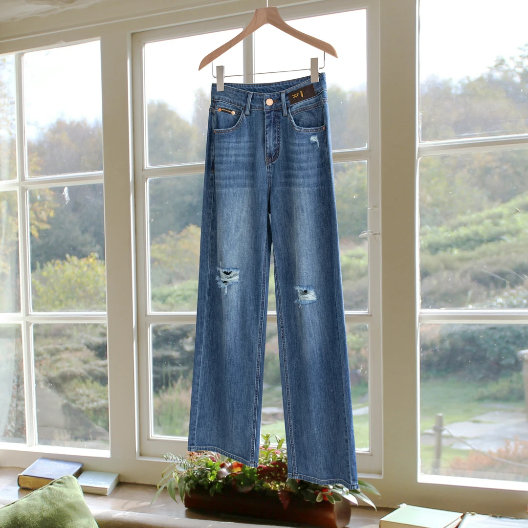 【G.H】夏季新款冰蝶色轻奢破洞纯欲风薄款莱赛尔天丝直筒牛仔裤女