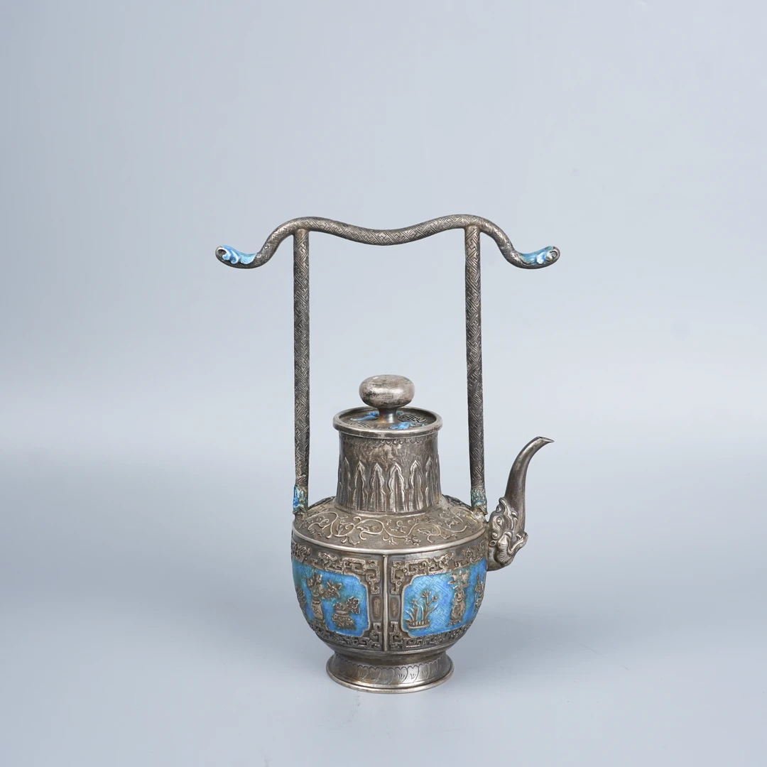 Lot032清晚期银烧蓝九华款清供纹提梁壶