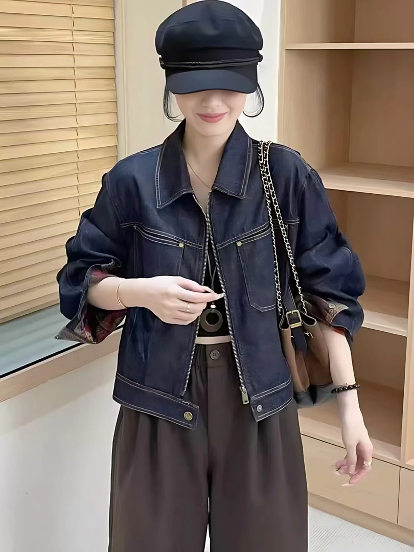 2025秋季新款宽松显瘦撞色格子压线牛仔短外套8530