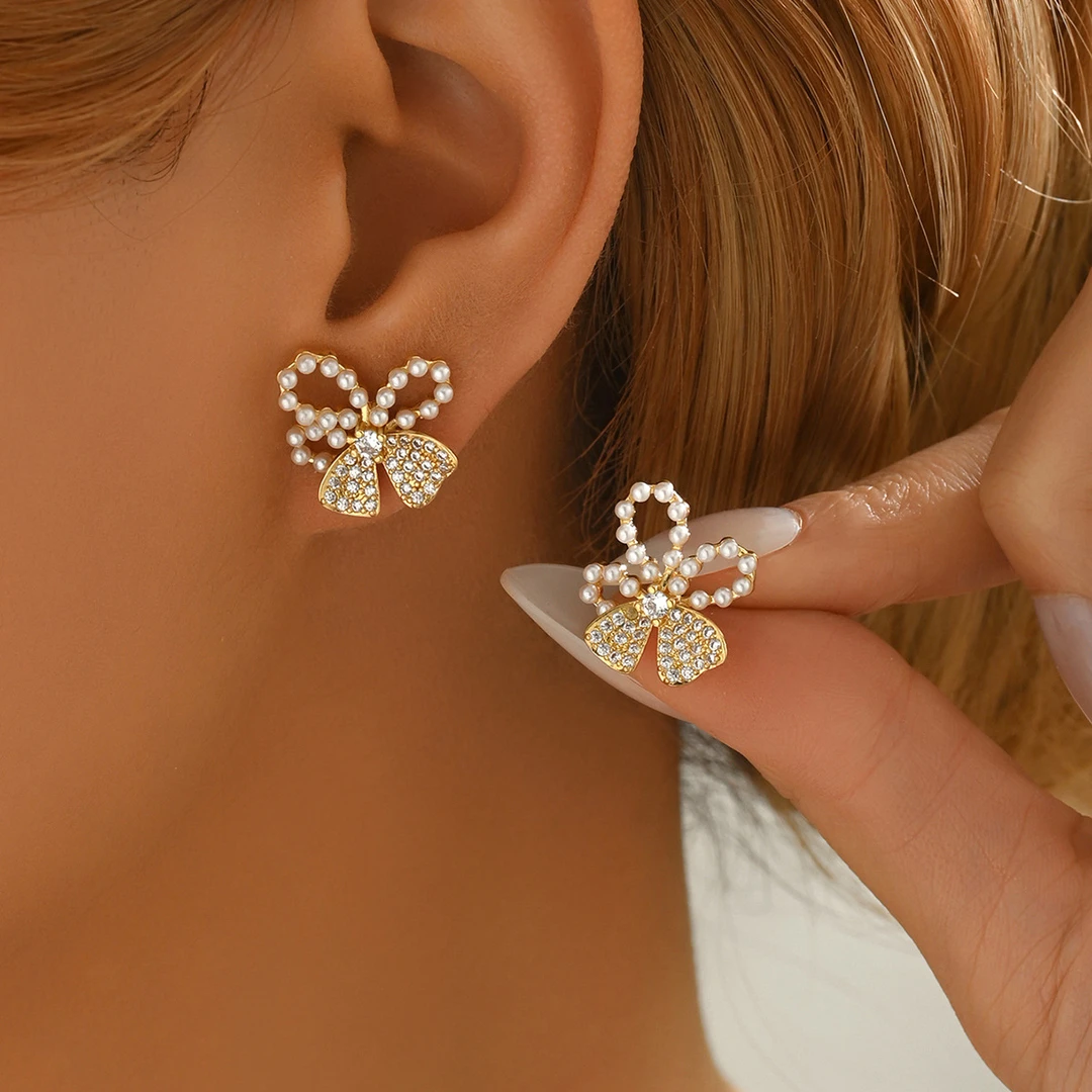 不锈钢锆石耳饰珍珠锆石蝴蝶耳钉女轻奢高级感简约甜美耳环气