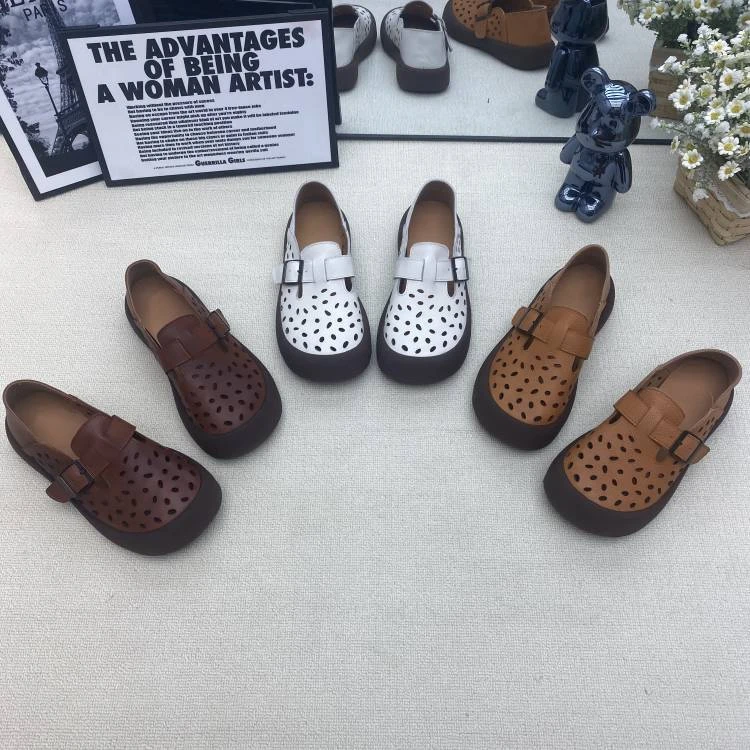 923-23纯色中口平跟镂空女鞋软底休闲风单鞋皮鞋凉鞋夏季舒适