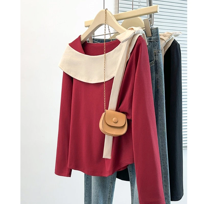 红色蝴蝶结正肩长袖T恤女早秋大码微胖mm显瘦遮肚子独特漂亮上衣