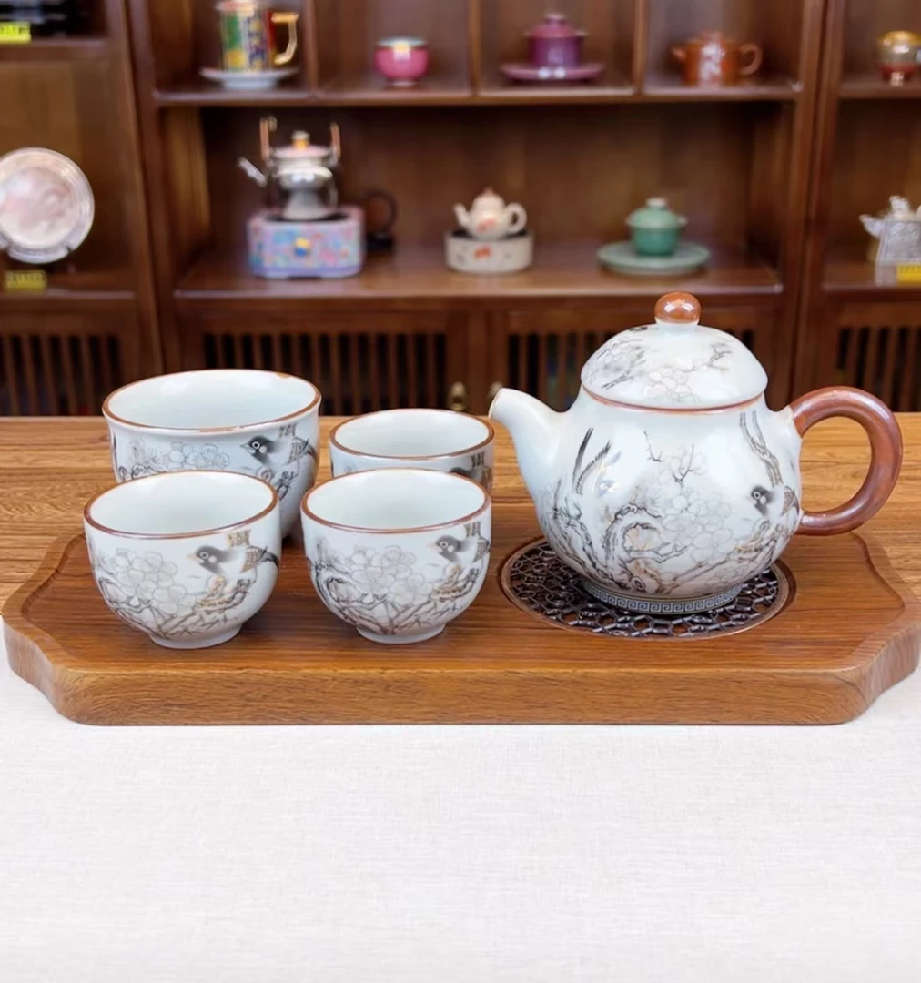 水墨喜上眉梢泡茶壶+主人杯+3客杯+茶盘I670