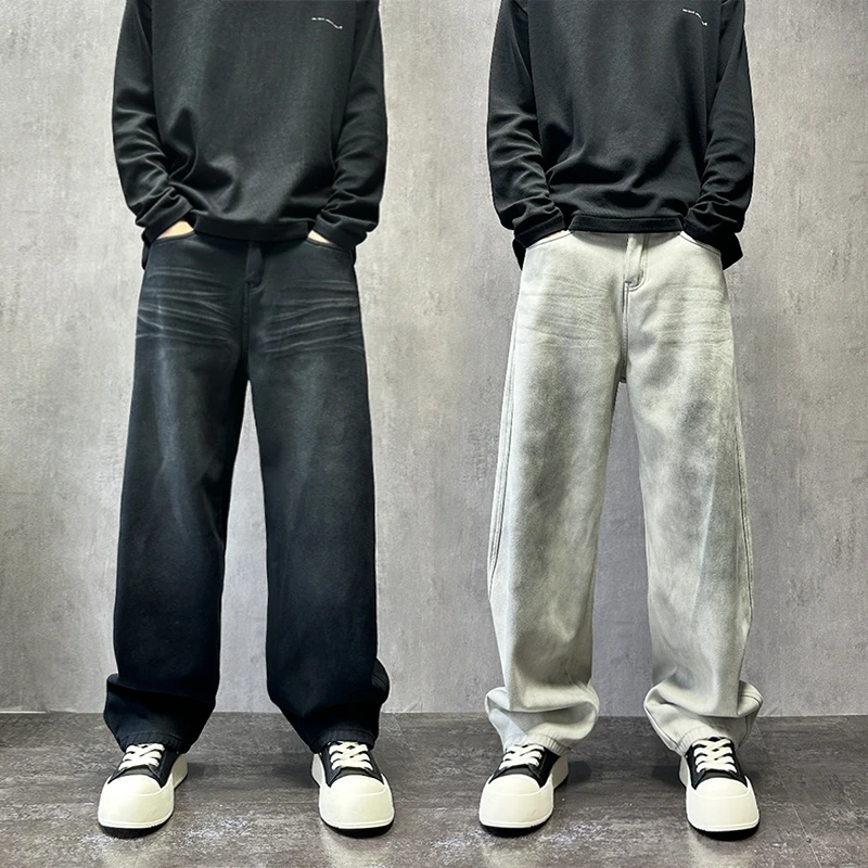 美式潮牌猫须扎染水洗牛仔裤男款秋冬加绒宽松直筒裤痞帅咖色男裤