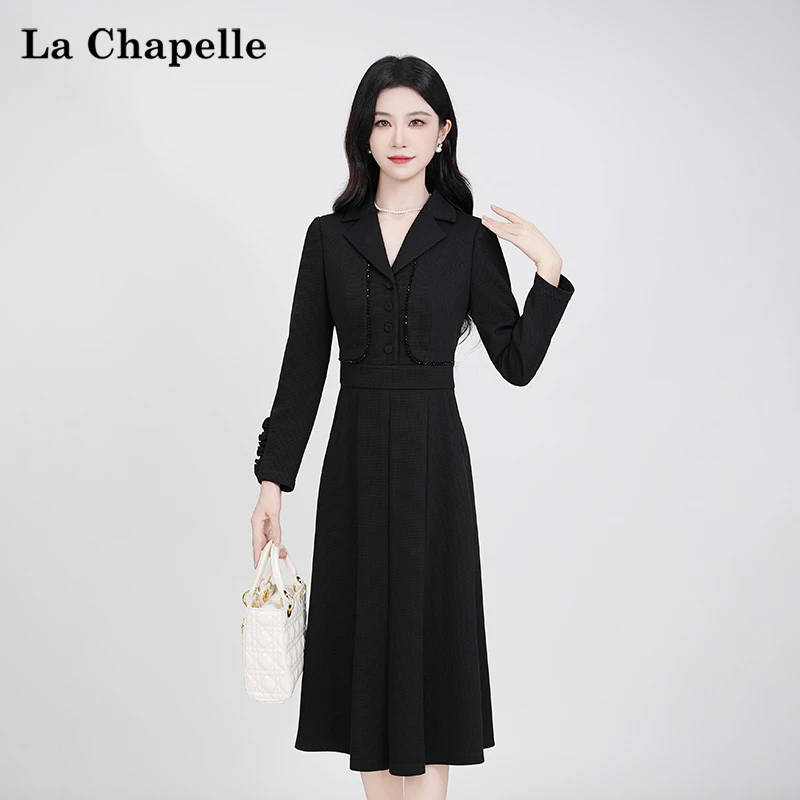 【拉夏贝尔】2025黑色穿搭时尚气质显瘦轻奢华夫格长裙修身连衣裙
