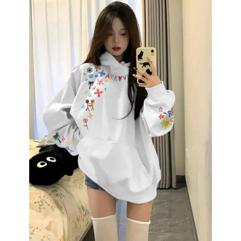 白色蜡笔印花连帽卫衣韩系慵懒秋季新款宽松显瘦小众设计感上衣女