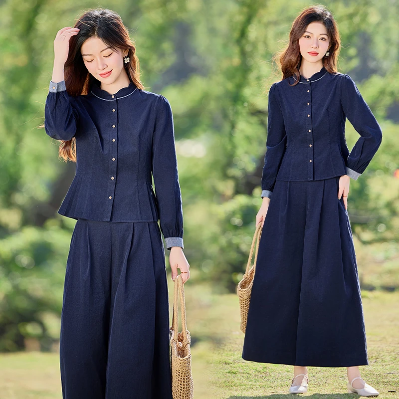 高级感全棉休闲套装女2025春季新款气质修身衬衫上衣阔腿裤两件套