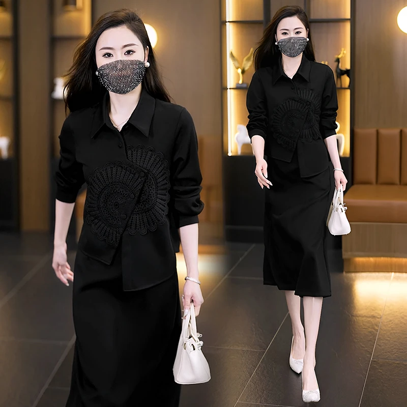 2025春季新款洋气两件套翻领时尚刺绣气质上衣显瘦半身裙时尚套装