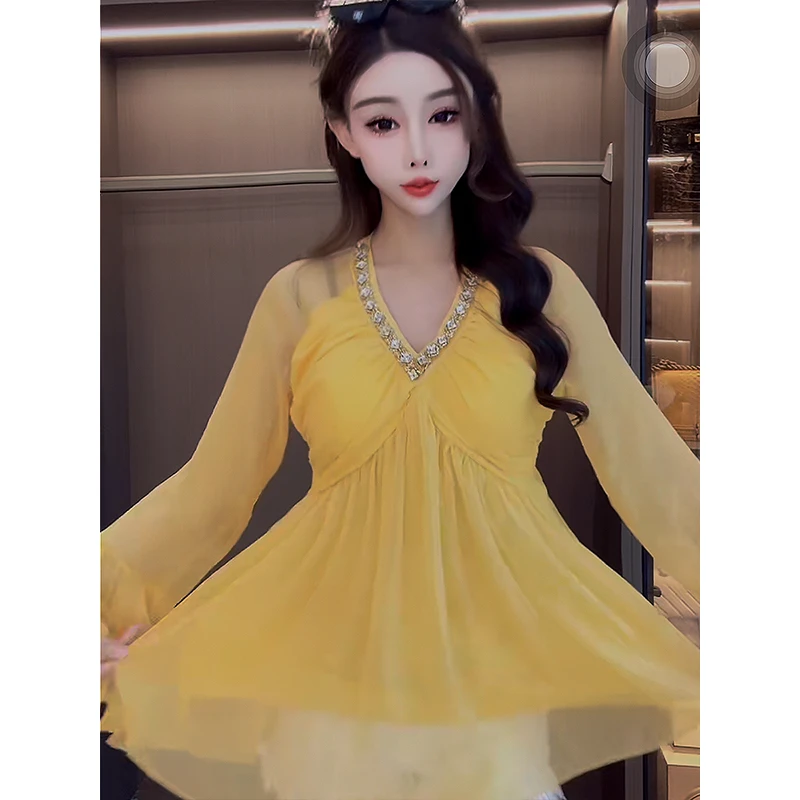 名媛千金V领镶钻网纱小衫时尚宽松型夏季设计感钉珠法式长袖防晒