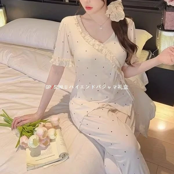 gpsunlu夏季小香风带胸垫睡衣女新中式莫代尔棉薄款家居服可外穿