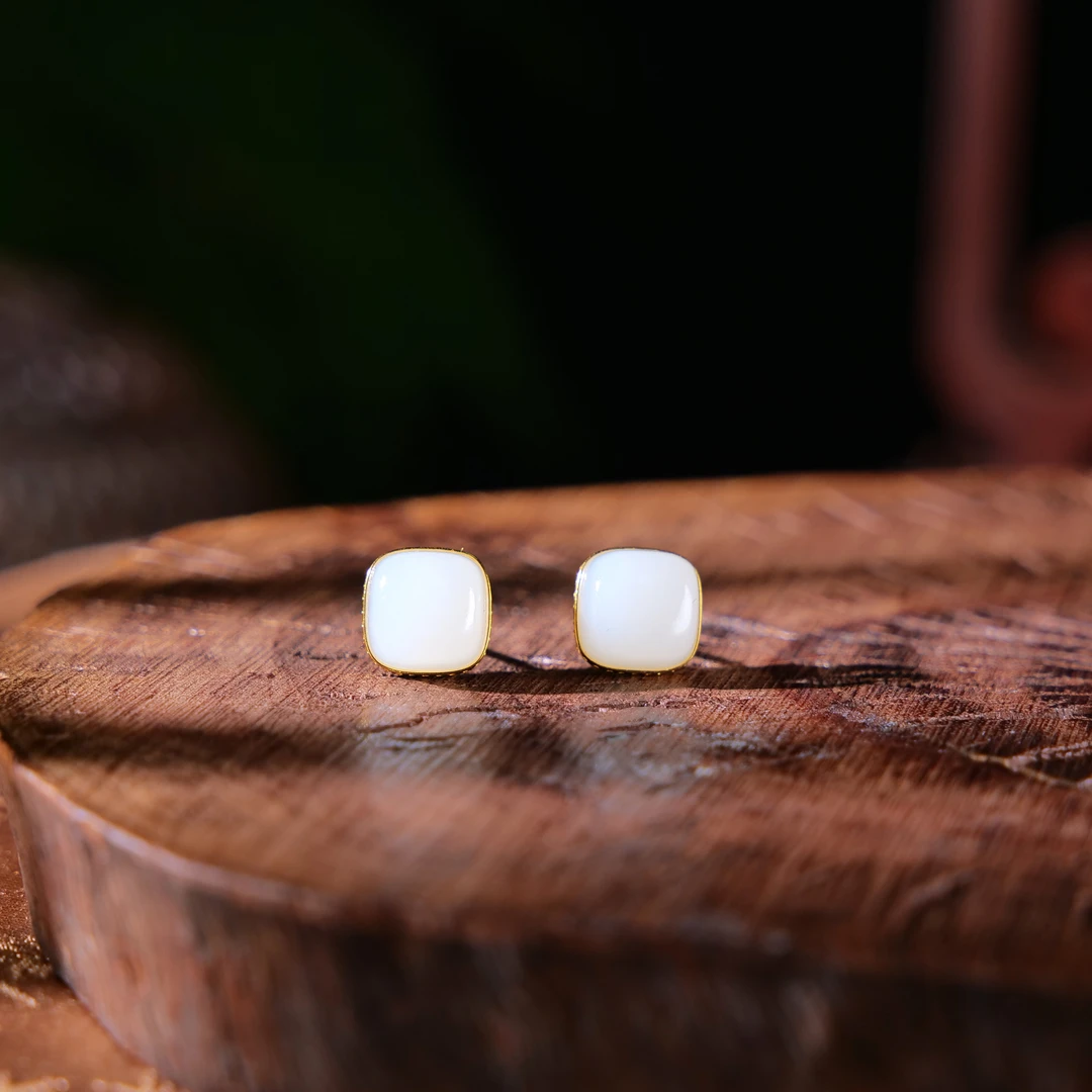 【小雨来了】18k金镶嵌和田玉白玉方糖耳钉 耳坠 多样性发一件