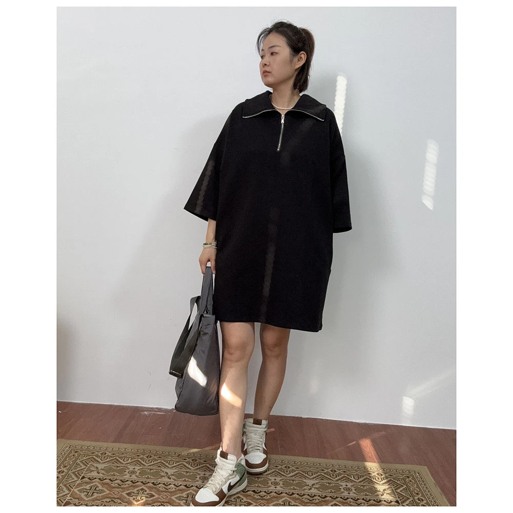 2Q006  春秋新款宽松中长款高领拉链半开衫短袖连衣裙女