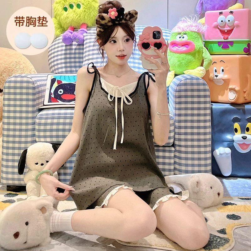 夏季新款吊带睡衣女带胸垫薄款甜美假两件波点家居服可外穿套装