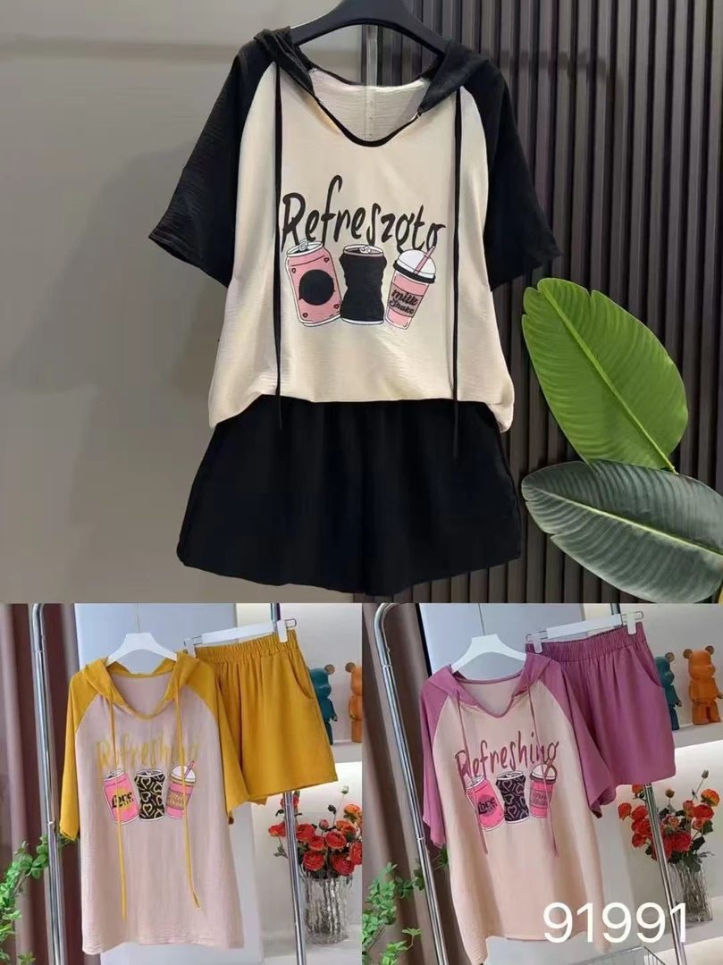 91991胖MM 夏季新款连帽上衣休闲短裤2件套