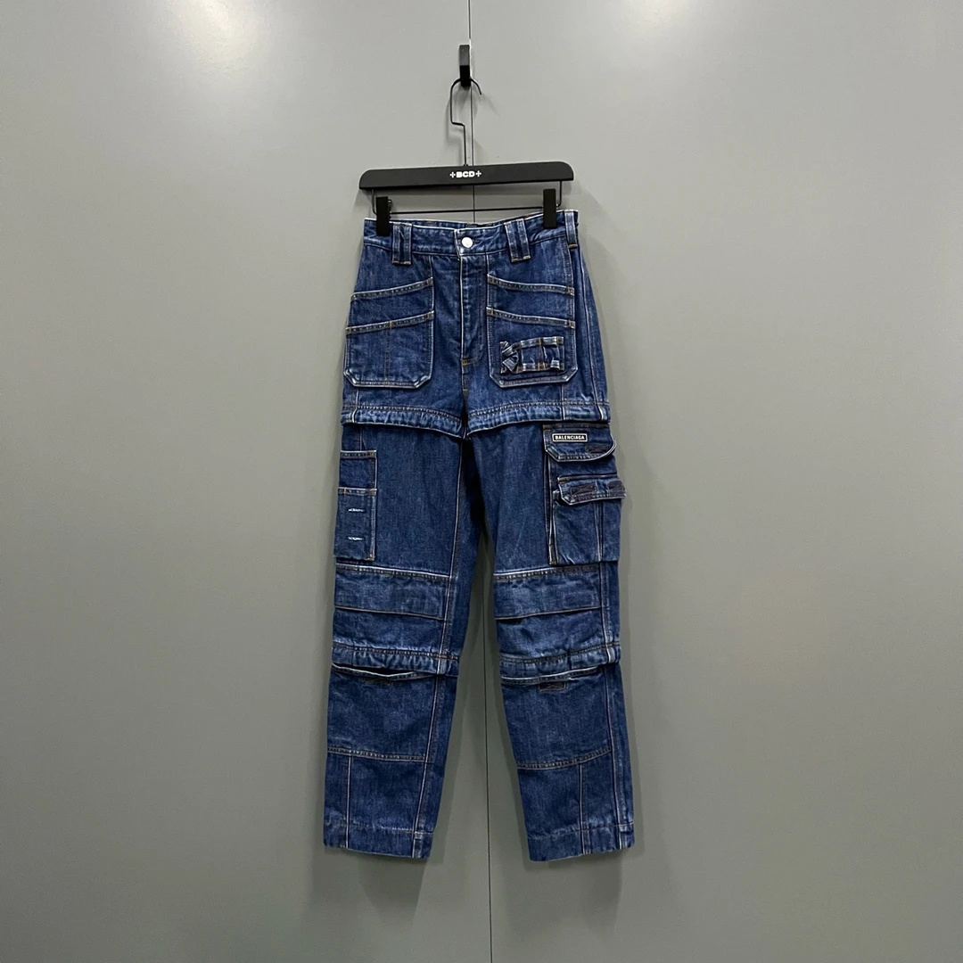 95新 Balenciaga/巴黎世家 （ll）巴黎世家 蓝色贴标logo工装裤26码