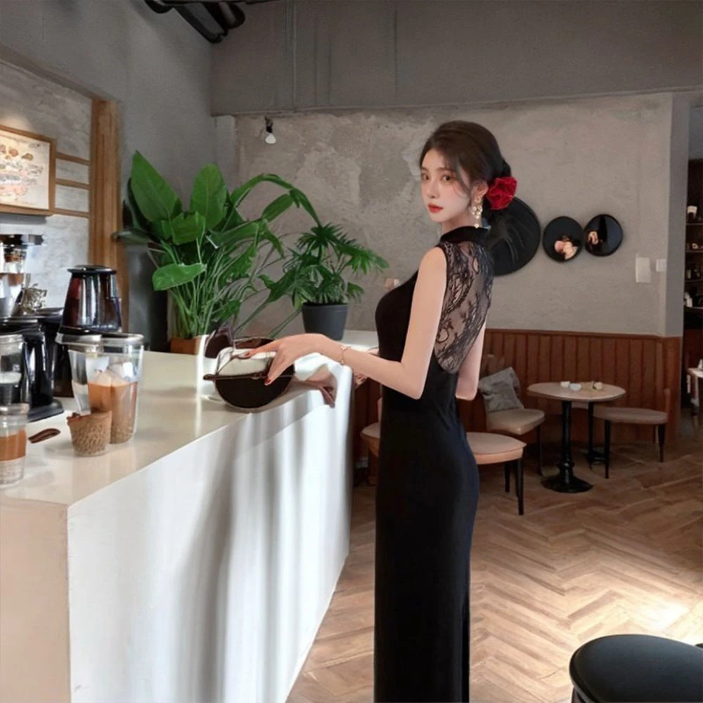 新中式蕾丝拼接旗袍连衣裙女夏新款国风纯欲修身开叉包臀裙裙子