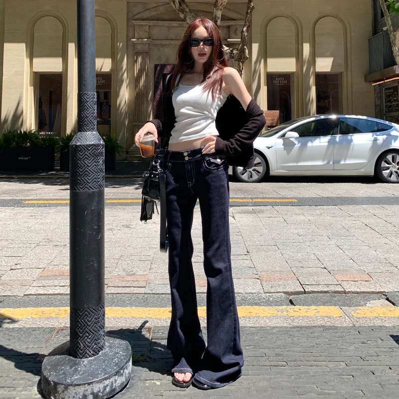 甜酷复古调低腰显瘦直筒裤小个子百搭长腿口袋弹力修身微喇叭裤女