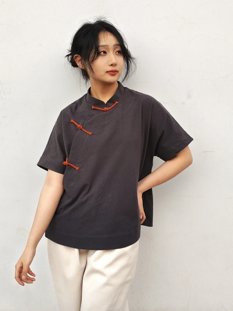 短袖透气亚麻常规款盘扣立领T恤唐装宽松半袖复古百搭中国风
