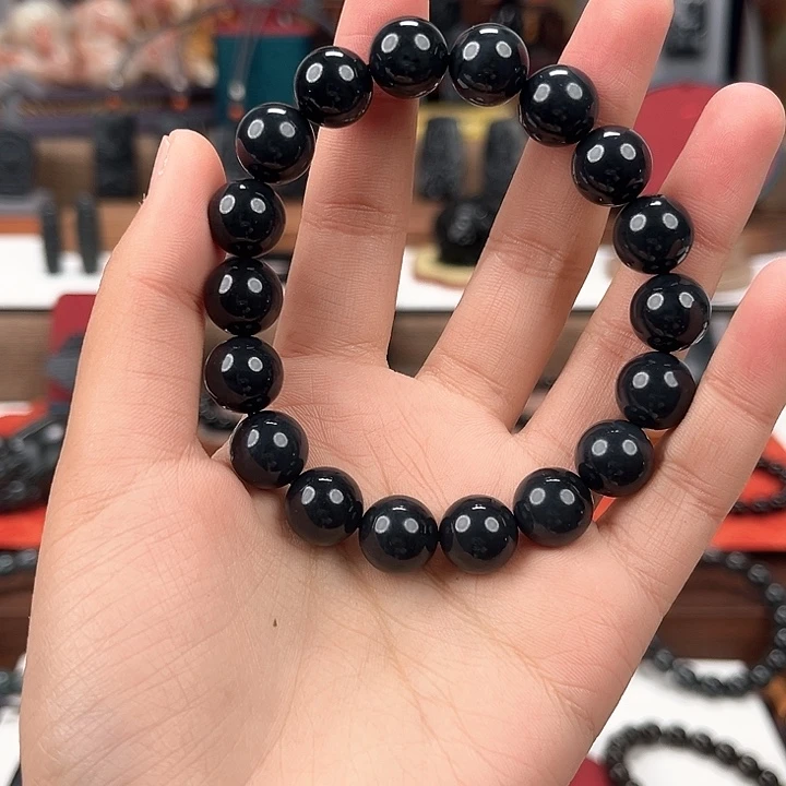 和田玉未镶嵌颈饰卡12圆珠手串90墨