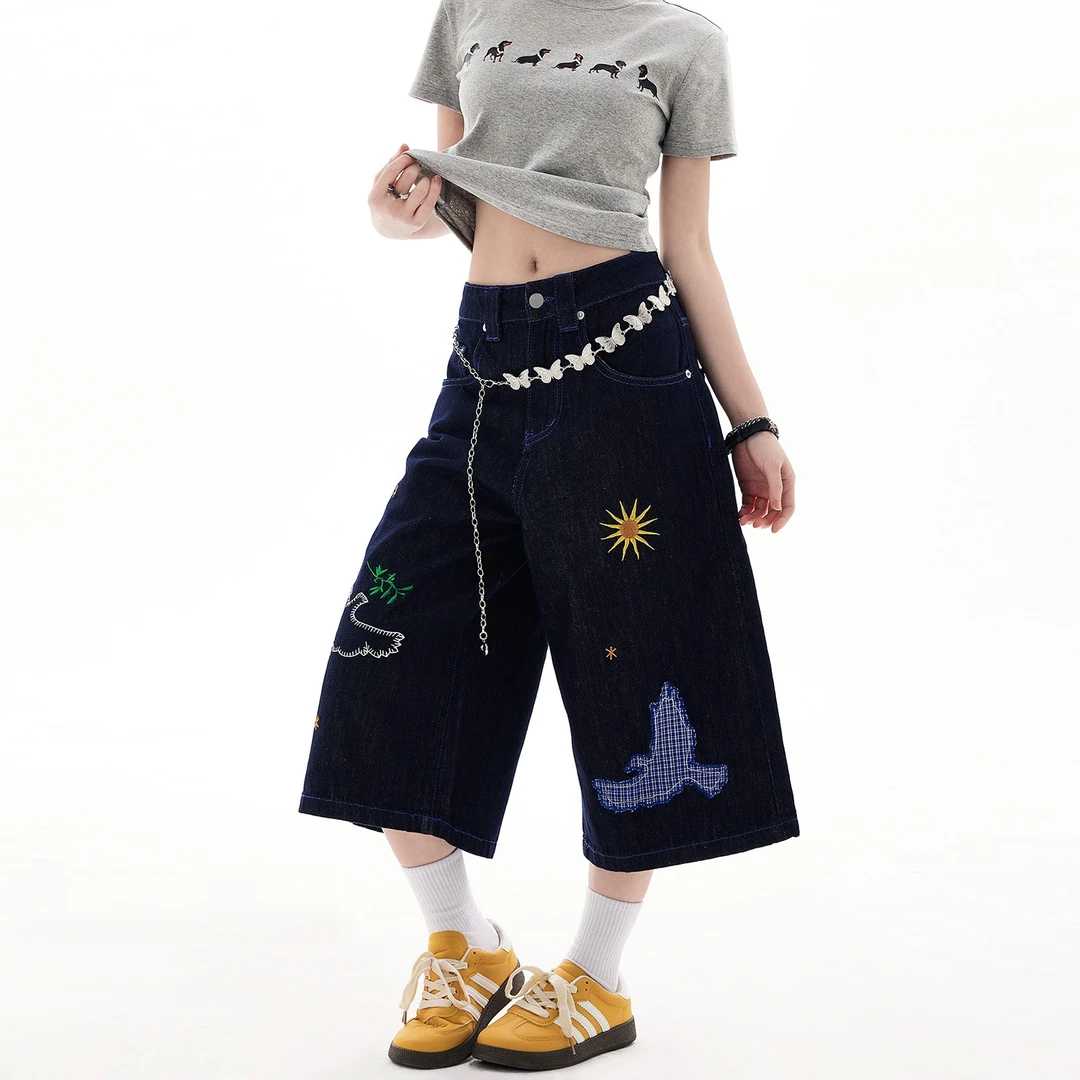 美式复古趣味刺绣设计感牛仔短裤男女夏季宽松街头百搭阔腿七分裤