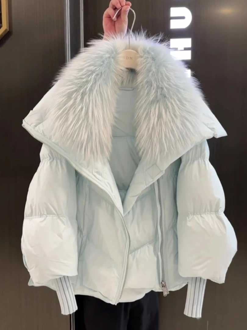 蓝色毛毛大翻领加厚棉服女2025冬季韩系高级设计感保暖面包服外套