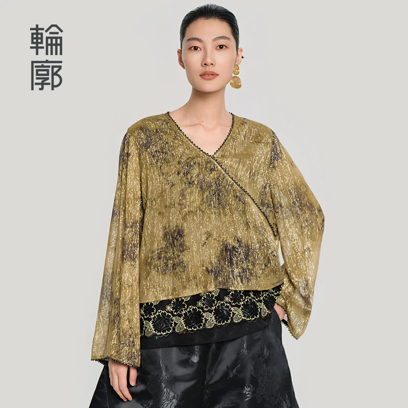 轮廓繁芜L251Y016亮丝印花上衣民族风复古时尚宽松长袖百搭新款女