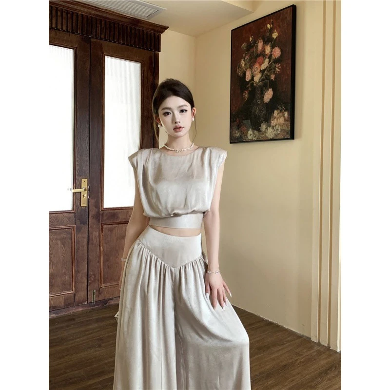 法式时尚套装2025夏季新款名媛气质圆领系带上衣轻奢长裤两件套女