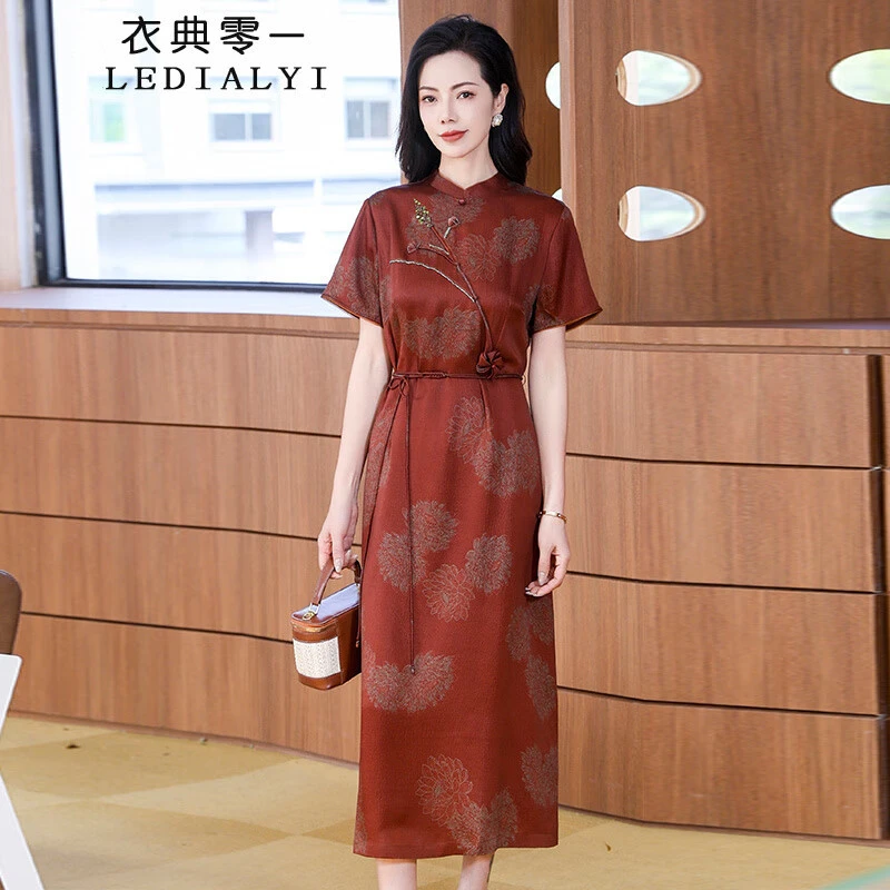 国风刺绣香云纱真丝连衣裙女2025夏季新款时尚气质高端桑蚕丝裙子