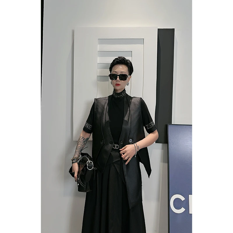 Dan Dan 黑色立领双拉链短款马甲女