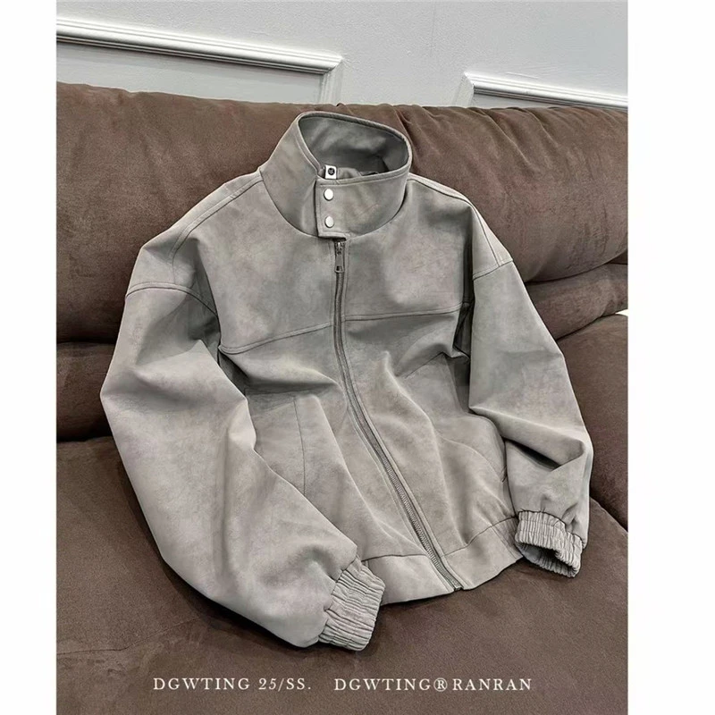 扎染pu皮衣短款外套立领美式棒球服皮夹克立领夹克