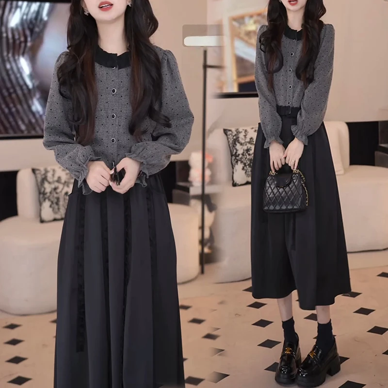 法式赫本风气质套装女2025春秋新款波点针织长袖毛衣半身裙两件套