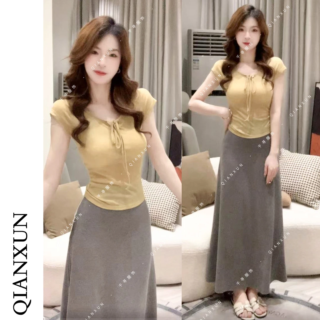 千寻家  系带领口设计感正肩短袖+灰色气质包臀半身裙女