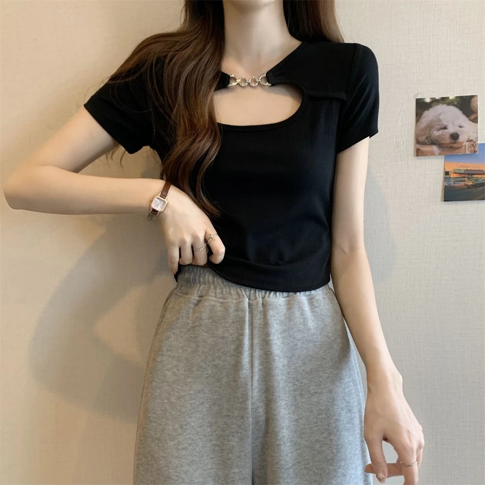 甜辣妹镂空性感打底衫T恤女夏季设计感小众修身显瘦百搭短款上衣