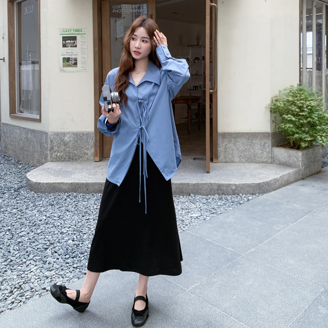 黑色连衣裙套装女2025早秋新款miu系学院风蓝色衬衫背心裙两件套