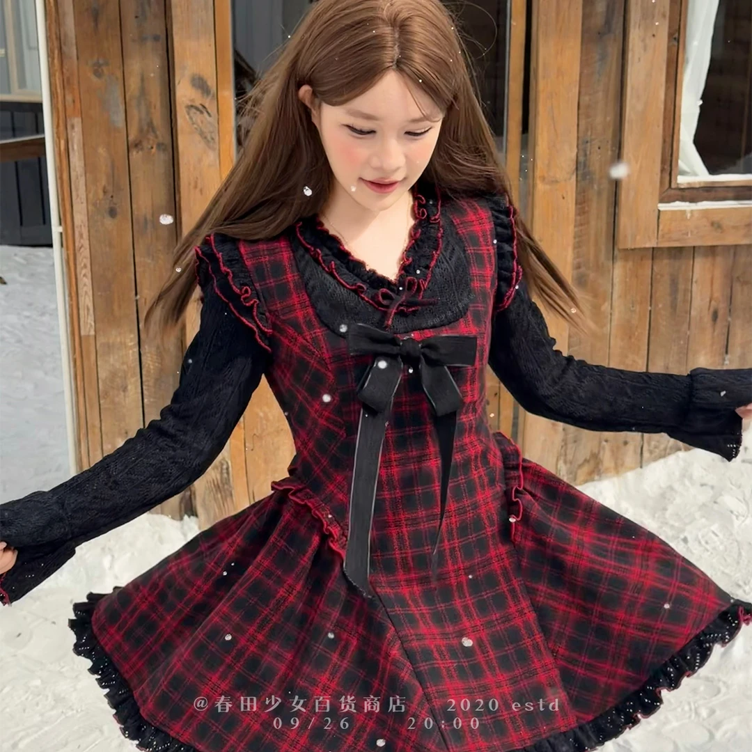 显瘦气质红黑格纹连衣裙法式复古轻熟漂亮衣服少女花边设计假两件