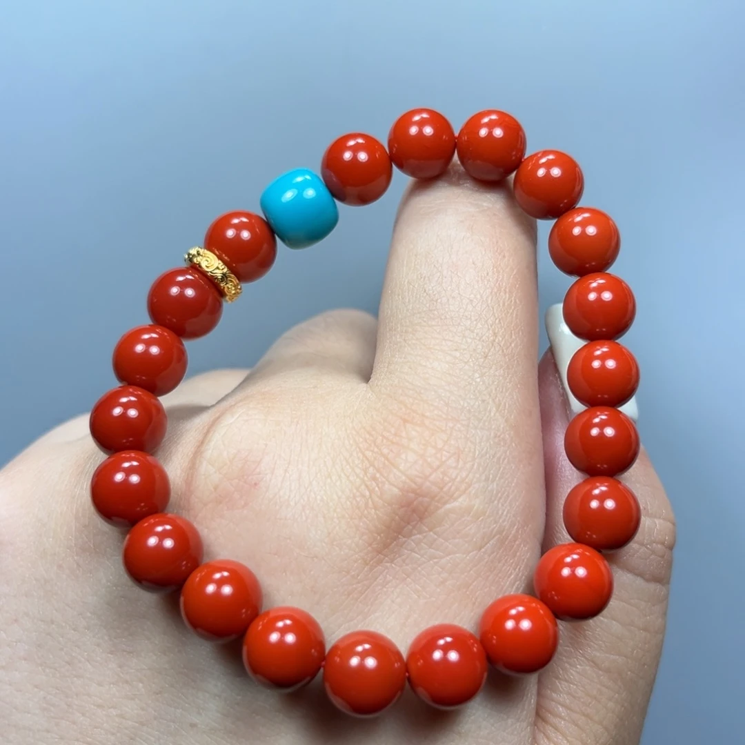 南红玛瑙柿子红圆珠单圈8mm18K金镶嵌