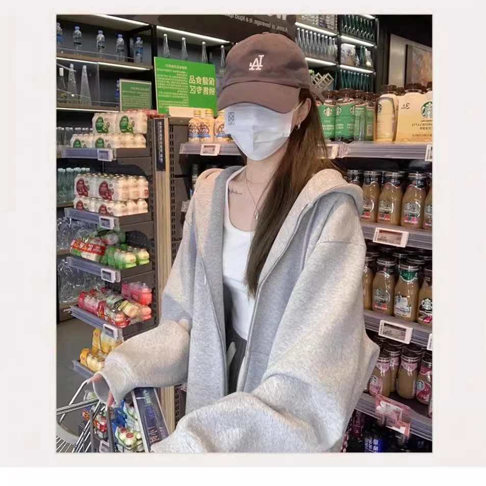 秋冬百搭白灰色卫衣女春秋季韩版宽松原宿风拉链连帽休闲外套潮