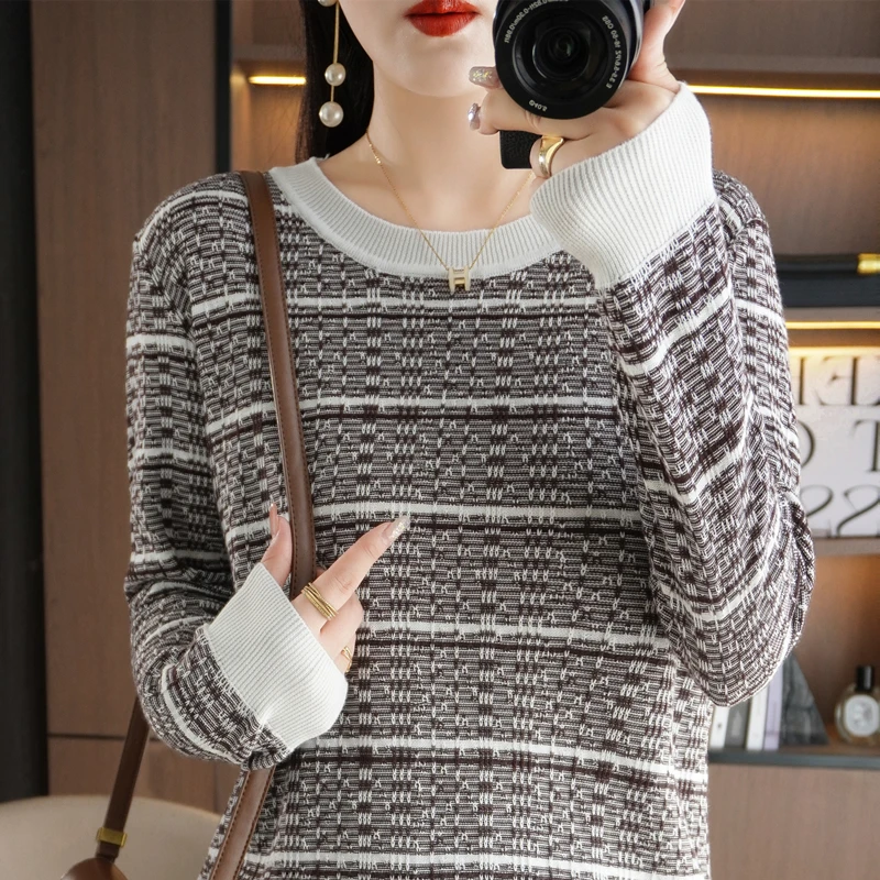 纯棉新疆棉 纯棉线针织女打底衫圆领宽松撞色提花长袖上衣