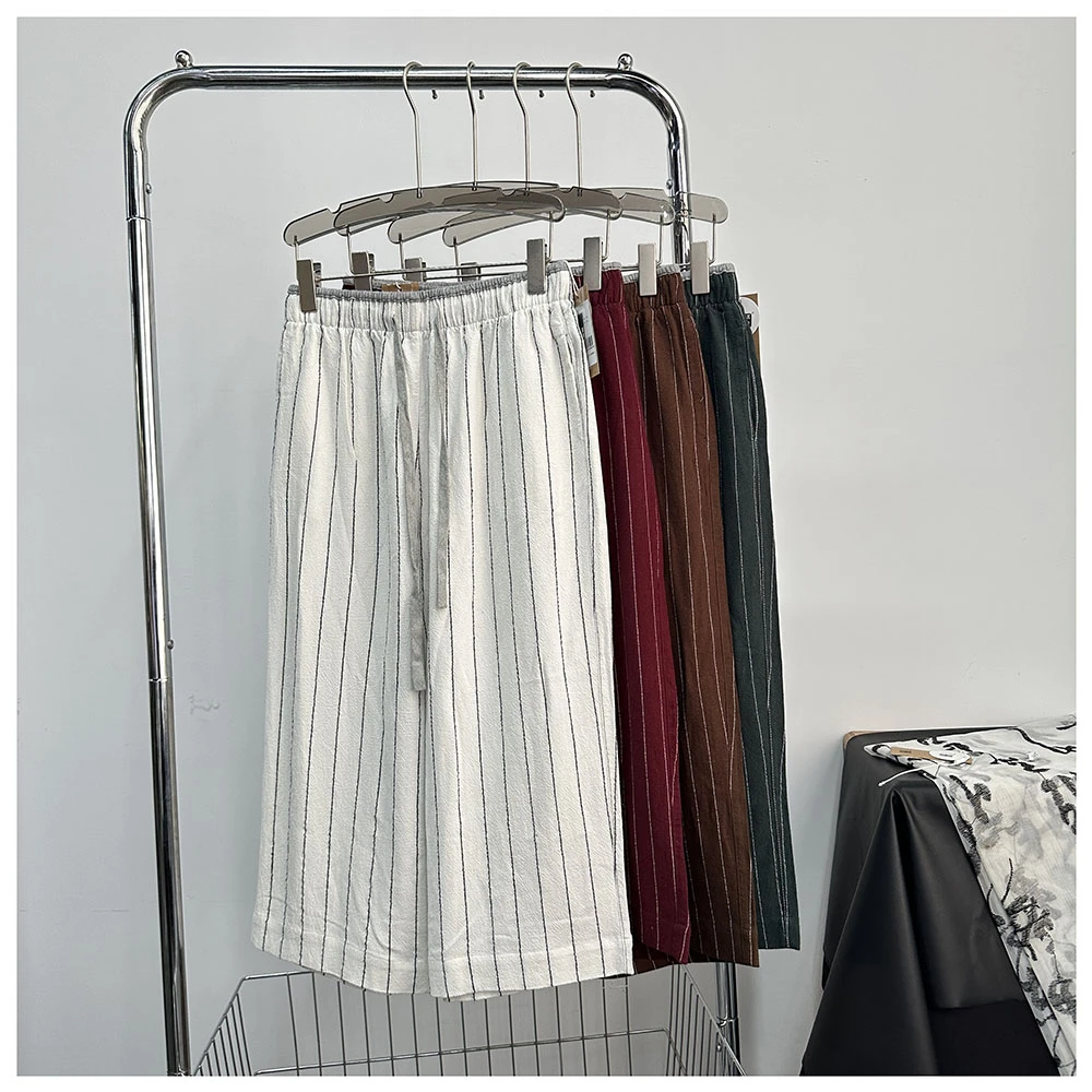 K178夏季新款女士休闲宽松松紧腰条纹七分裤