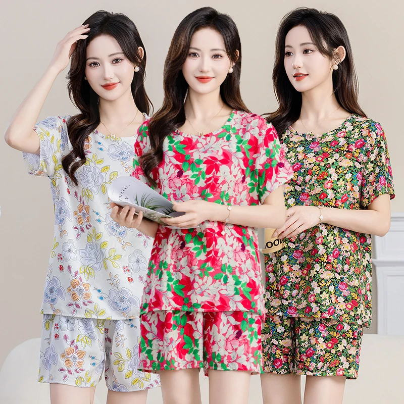 夏季新款女士短袖短裤绵绸居家套装薄款轻薄透气碎花
