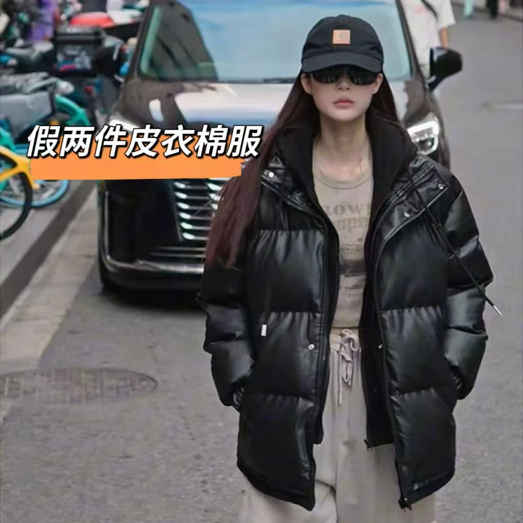 8169  M冬季假两件皮衣棉服女加厚保暖棉袄外套宽松棉衣