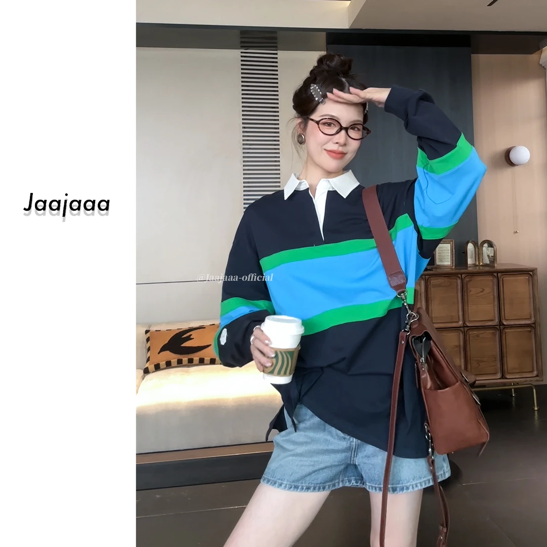 Jaajaaa巴尔末之眼   POLO领撞色中长款拼接条纹长袖T恤/BFAI