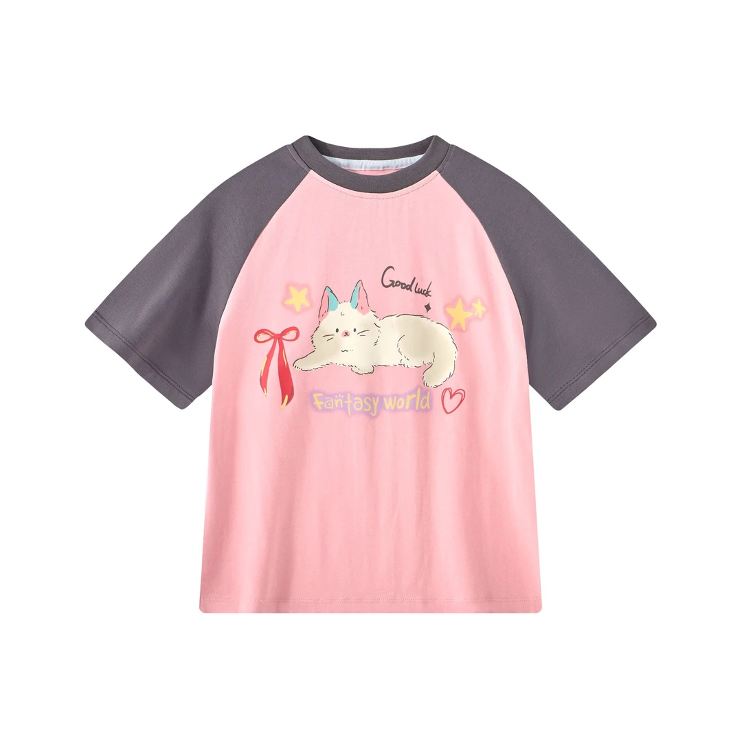 MQD童装女童25夏季中大童撞色插肩甜美休闲短袖T恤BD25220301