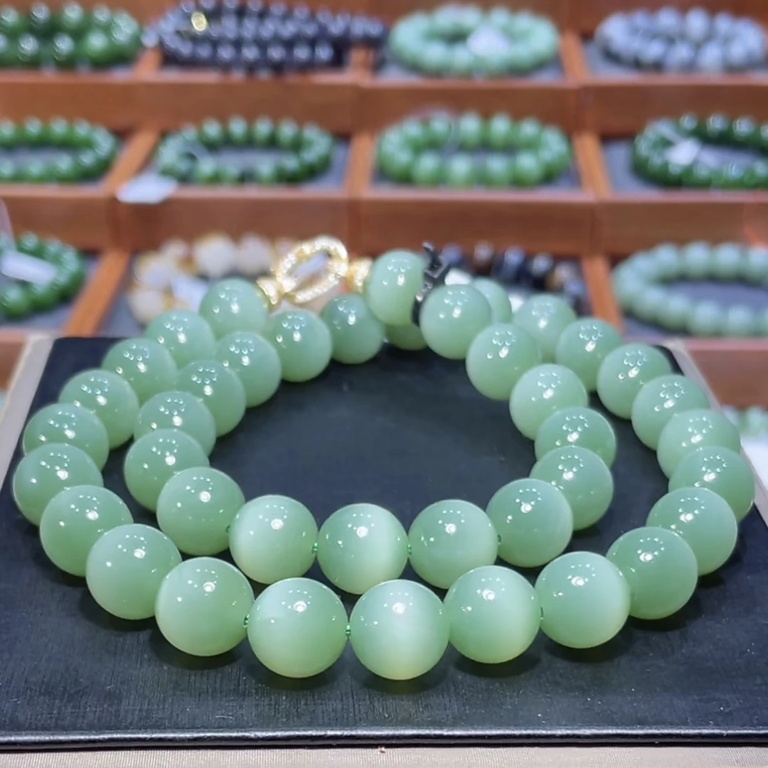 和田玉俄料碧玉粉青猫眼项链多圈手串12mm