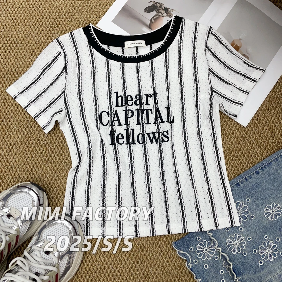 芈芈2025夏季新款黑白竖条纹字母刺绣短袖T恤女百搭显瘦上衣4394#