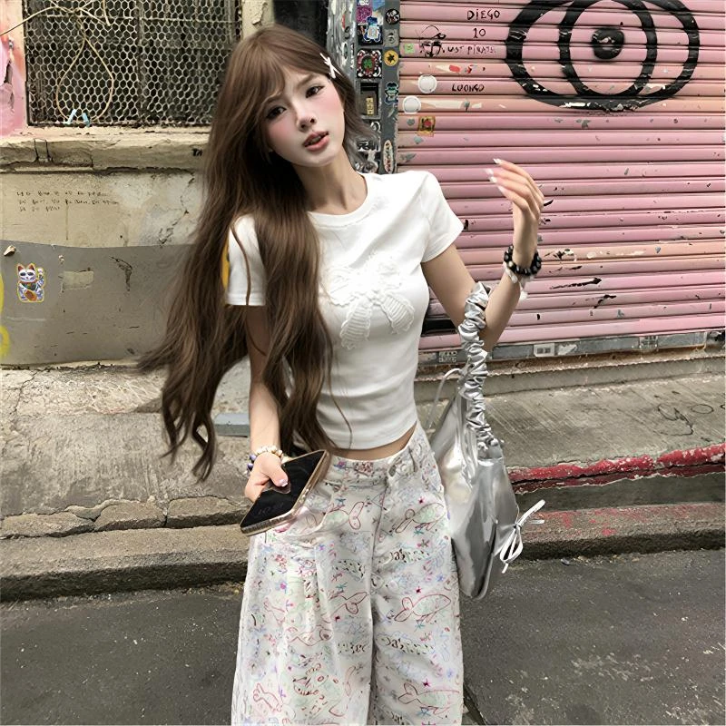 春夏穿搭一整套刺绣蝴蝶结圆领正肩短袖T恤小鱼涂鸦高腰休闲裤女