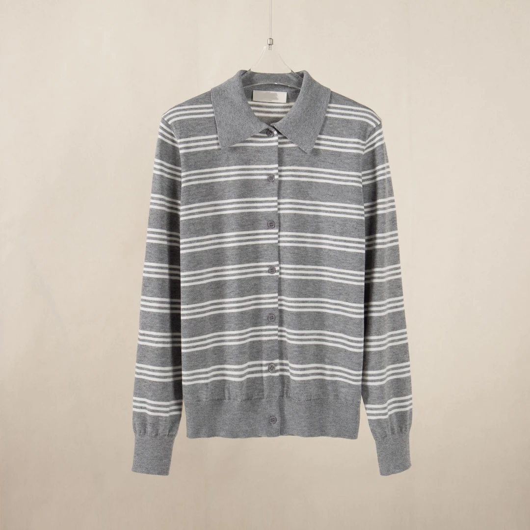 polo领条纹针织上衣灰色条纹红色条纹